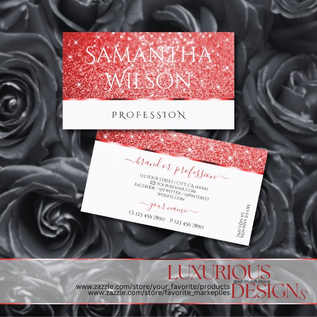 Shimmery Ruby Red Glitter Sparkle Stars Elegant Business Card (Creator Uploaded)