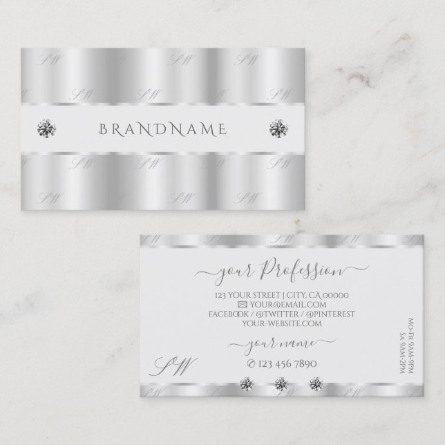 Shimmery Silver Sparkle Jewels Monogram Luxurious Business Card (Front/Back)