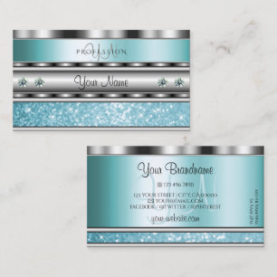 Shimmery Silver Sparkling Teal Glitter Monogram Business Card