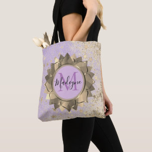 Shimmery  Stars Gold Lotus Mandala Monogram Tote Bag