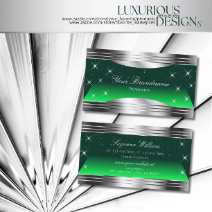 Shimmery Stars Green Silver Borders Faux Glittered Business Card