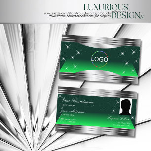 Shimmery Stars Green Silver Borders Logo and Photo Business Card