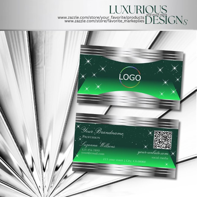 Shimmery Stars Green Silver Borders Logo QR Code Business Card (Creator Uploaded)