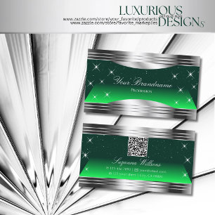 Shimmery Stars Green Silver Borders with QR Code Business Card