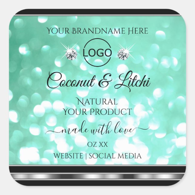 Shimmery Teal Glitter Product Labels Diamonds Logo (Front)