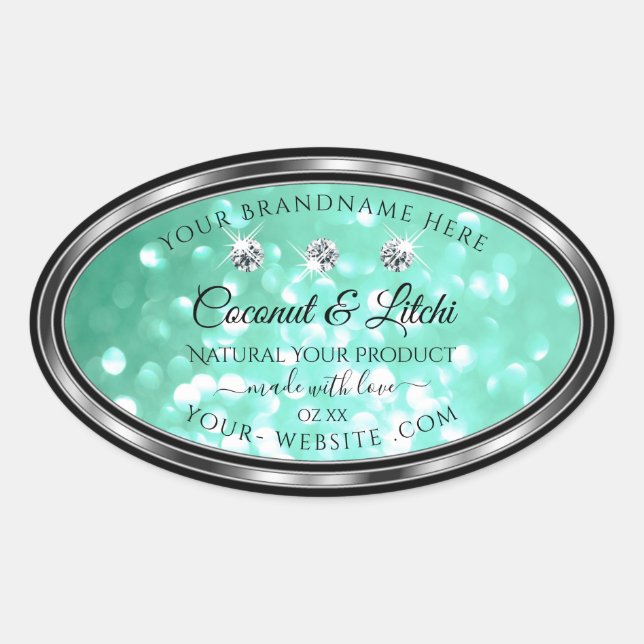 Shimmery Teal Glitter Product Labels with Diamonds (Front)