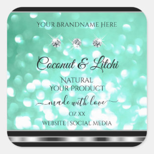 Shimmery Teal Glitter Product Labels with Diamonds