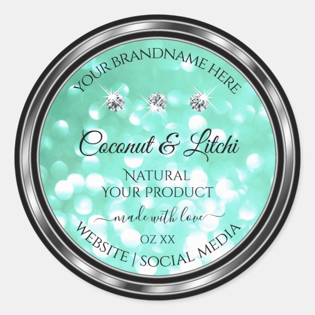 Shimmery Teal Glitter Product Labels with Diamonds (Front)