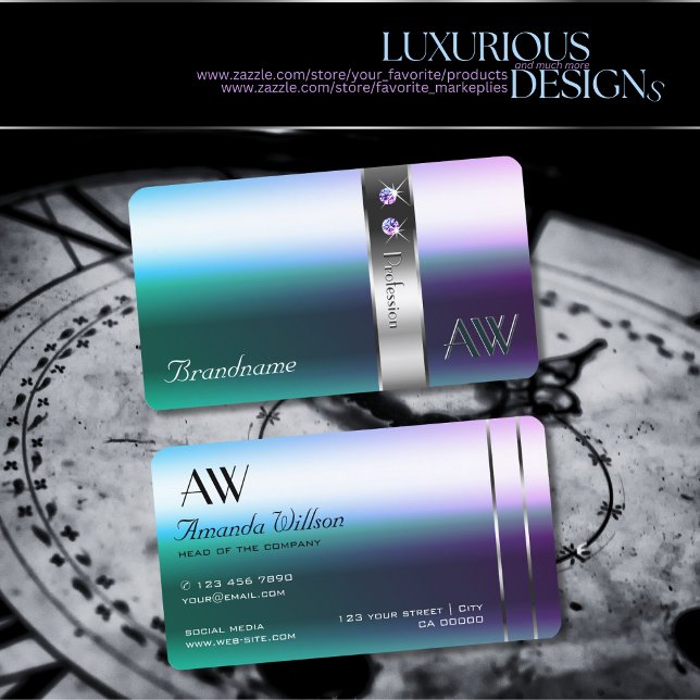 Shimmery Teal Purple Ombre Silver Decor Monogram Business Card (Creator Uploaded)
