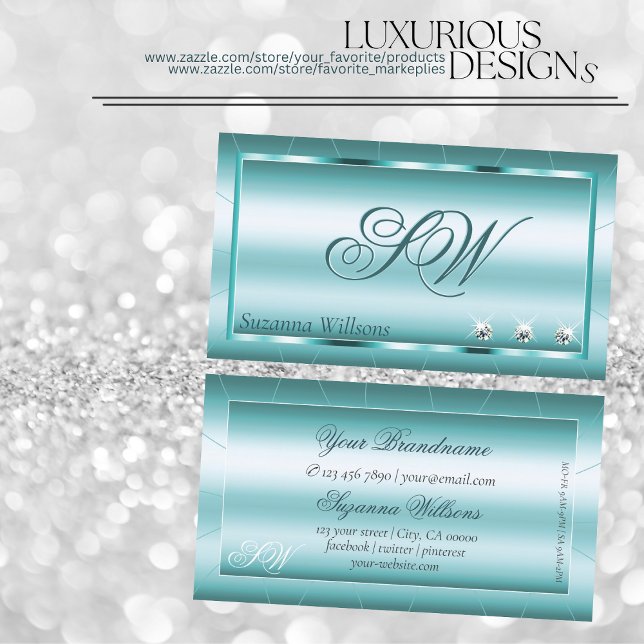 Shimmery Teal with Diamonds and Monogram Elegant Business Card (Creator Uploaded)