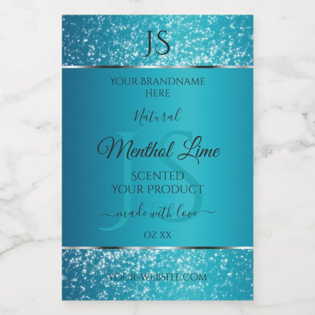 Shimmery Teal with Glitter Initials Product Labels (Single Label)