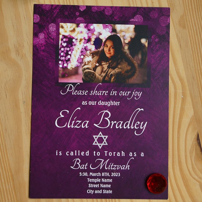 Shimmery Violet Bat Mitzvah Invitation with Star (Purple violet shimmery bat mitzvah invitation with photo)