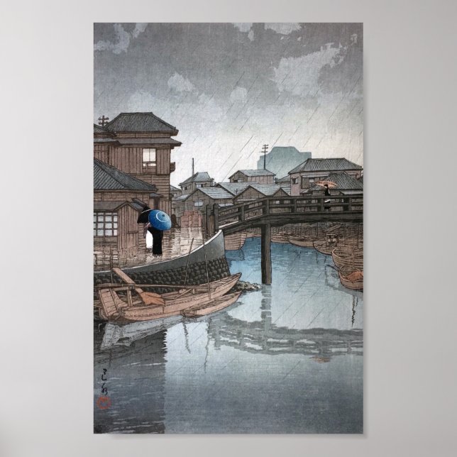 Shinagawa on Rainy Day, Hasui Kawase, Woodcut Poster (Front)