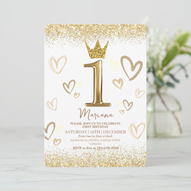 Shine 1st Crown Gold glitter First Birthday Party Invitation (Standing Front)