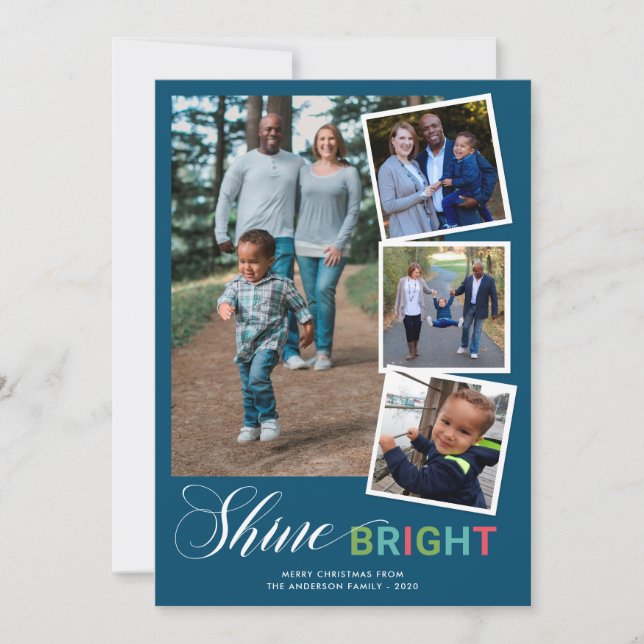 Shine Bright Colourful 4 Photo Blue Christmas Holiday Card (Front)