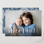 Shine Bright | Full Photo Hanukkah Silver Foil Holiday Card<br><div class="desc">Festive Hanukkah photo card features your favourite horizontal or landscape orientated photo in full bleed,  with "shine bright" overlaid in silver foil hand lettered brush typography. Personalise the front of the card with your names and short holiday message.</div>