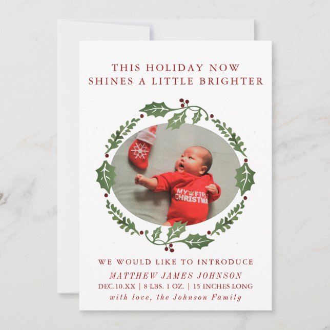 Shine Bright Newborn Christmas Wreath Announcement (Front)