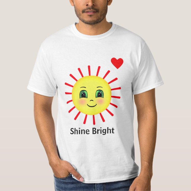 Shine Bright Red Rising Sun Rays with Happy Face T-Shirt (Front)