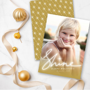 Shine Glow Handwriting Script Gold Ombre Photo Holiday Card