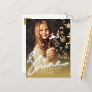 Shine Glow Handwriting Script Gold Ombre Photo Holiday Postcard