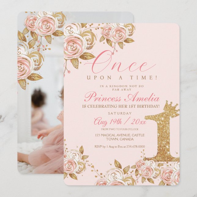 Shine Gold Princess 1st Birthday Party First Invitation (Front/Back)