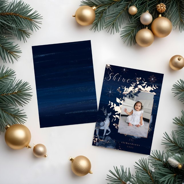 Shine Navy Gold Snowflakes Reindeer & Jewels Photo Foil Holiday Card (Shine Navy Gold Snowflakes Reindeer & Jewels Photo Foil Holiday Card)