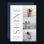 Shine On | Modern 3 Photo Collage Hanukkah Holiday Card<br><div class="desc">A chic and elegant Hanukkah card design featuring three photos aligned at the right in a vertical layout. "Shine" appears alongside your photo in understated,  modern type. Personalise with your family name and custom Hanukkah greeting beneath for the perfect finishing touch to these cool minimalist 2021 photo cards.</div>