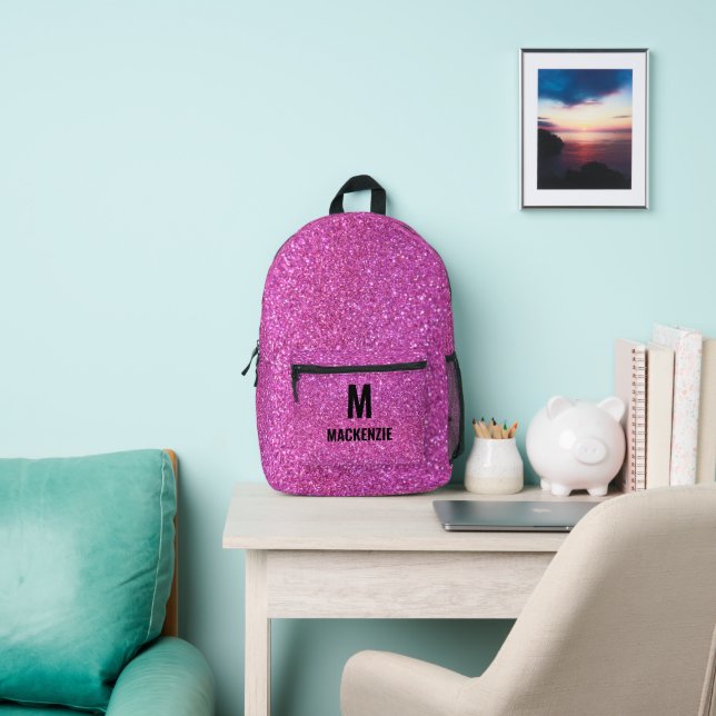 Shine On Pink Glitter Monogram for Every Adventure Printed Backpack (Insitu)