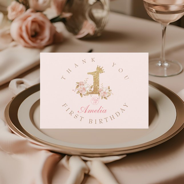 Shine Pink Gold Crown Princess 1st Birthday Party  Thank You Card (Creator Uploaded)