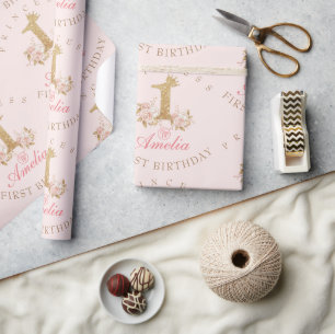 Shine Pink Gold Crown Princess 1st Birthday Party  Wrapping Paper