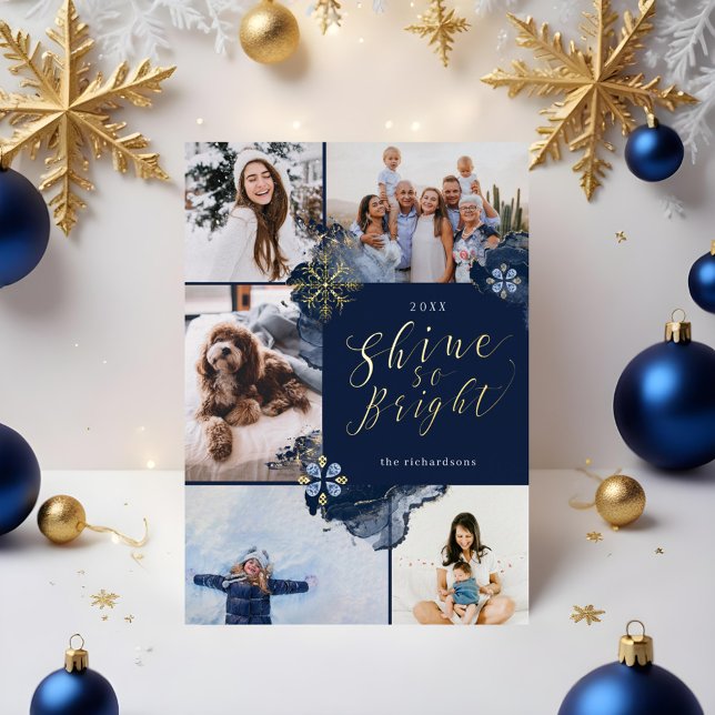 Shine So Bright & Navy Gold Agate Ink Five Photo Foil Holiday Card (Shine So Bright & Navy Gold Agate Ink Five Photo Foil Holiday Card)