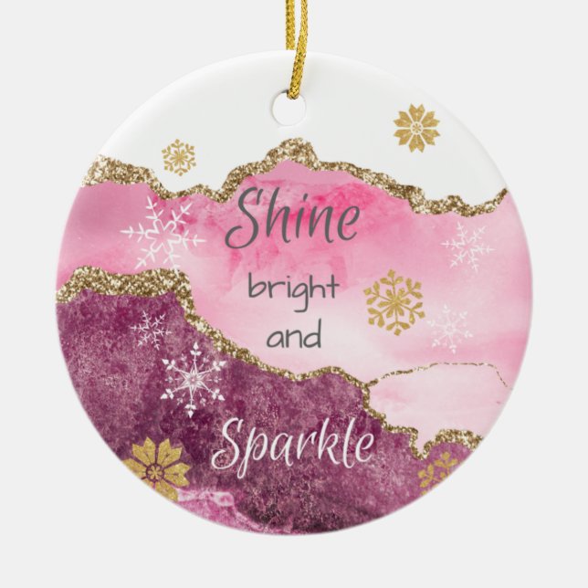 Shine Sparkle Hot Pink Gold Glitter Agate Ceramic Ornament (Front)