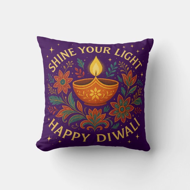 Shine Your Light – Happy Diwali Throw Pillow (Front)