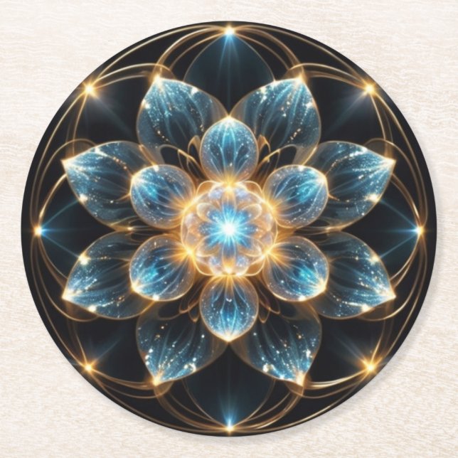 Shining Blue Flowers (Mandala) Round Paper Coaster (Front)
