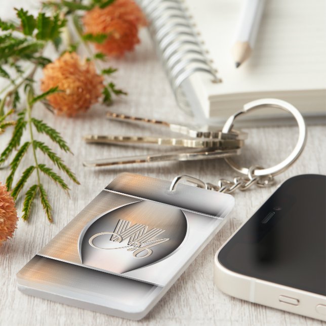 Shining Brushed Steel Monogram Key Ring (Front Right)