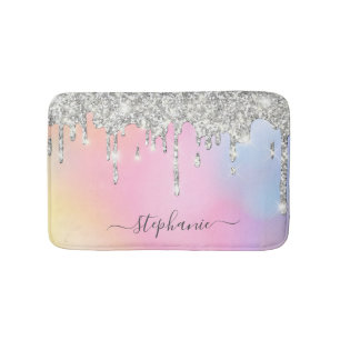 Shining Glitter Silver Drips Rainbow Add Your Name Bath Mat