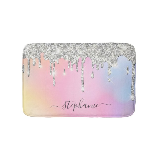 Shining Glitter Silver Drips Rainbow Add Your Name Bath Mat (Front)