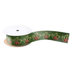 Shining Holly Berry pattern Christmas green Satin Ribbon