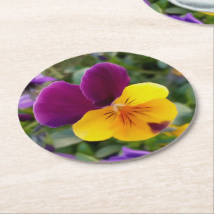 Shining pansies round paper coaster