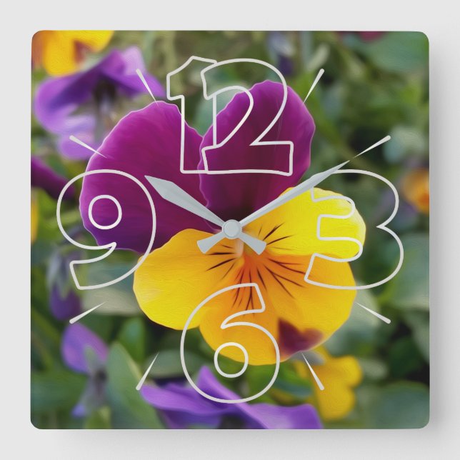 Shining pansies square wall clock (Front)