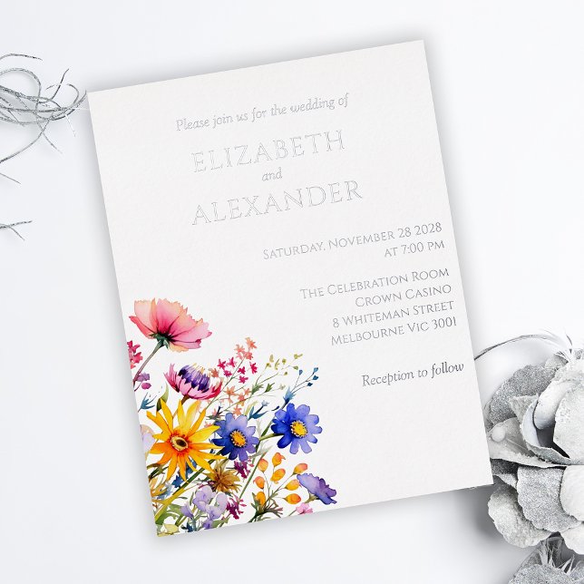 Shining Silver and Wildflowers Wedding  Foil Invitation Postcard (Creator Uploaded)