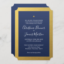 Shining Star Navy Gold Ticket Wedding Invitation