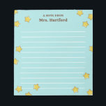 Shining Stars Turquoise Lined A Note From Teacher<br><div class="desc">Turquoise A note from School Teacher notepad personalised with the teacher's name in brown against a light turquoise background and lots of shiny, round stars. Gold star themed teacher's notepad in robin egg blue with lines and the teacher's name. Personalised teacher's notepad with stars in yellow against a warm blue...</div>