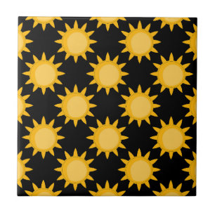 Shining Sun Illustration On Black Pattern Design Ceramic Tile