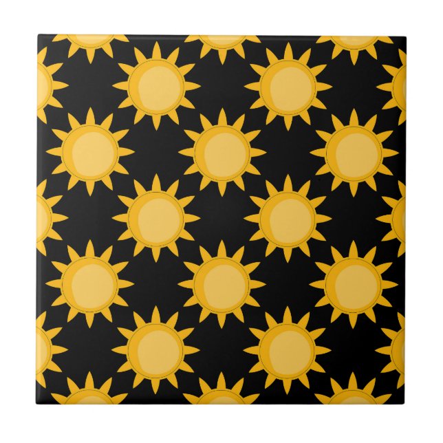 Shining Sun Illustration On Black Pattern Design  Ceramic Tile (Front)