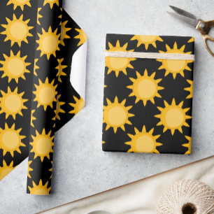 Shining Sun Illustration On Black Pattern Design  Wrapping Paper