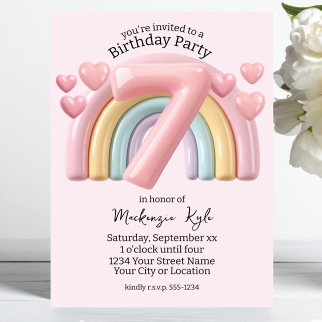 Shiny 3D Rainbow 7th Birthday Party For Girl Pink Invitation (Creator Uploaded)