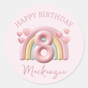 Shiny 3D Rainbow 8th Birthday Girl on Pink Classic Round Sticker