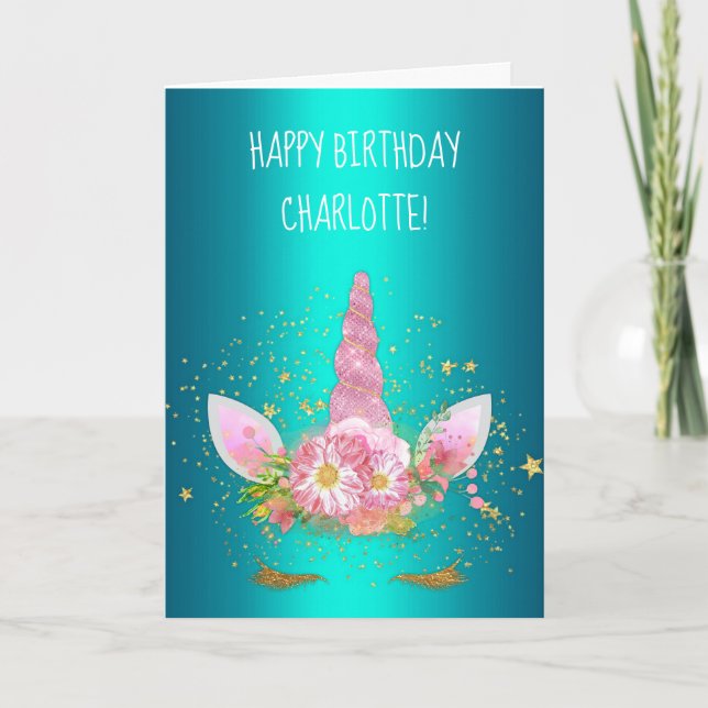 Shiny Aqua Pink Unicorn Birthday Card (Front)