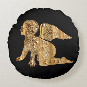 Shiny Baby Angel Wings Black Gold Angelic Round Cushion